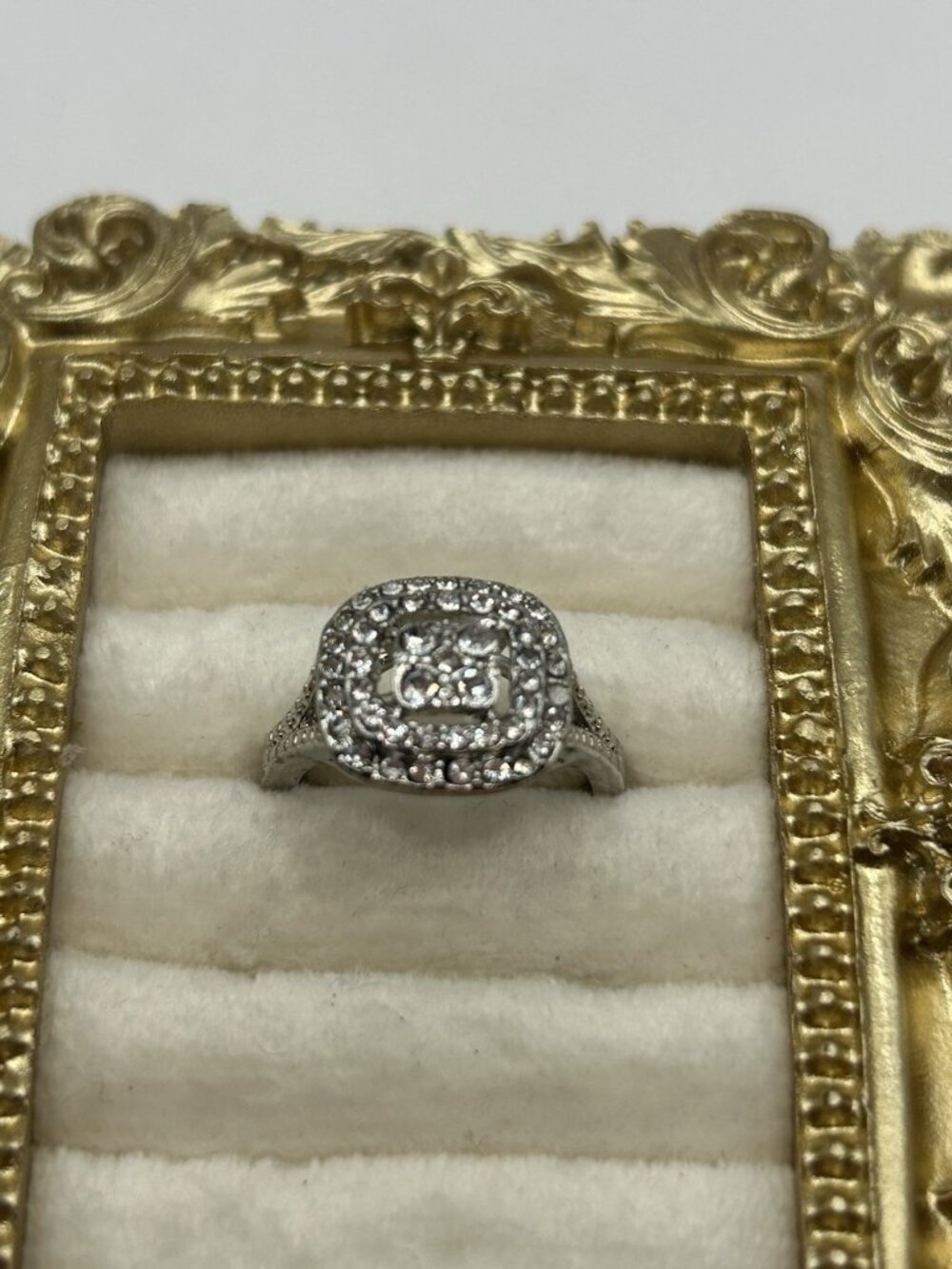 Silver Tone Halo Cluster Statement Ring Size 6.5 Clear Rhinestones Sparkle